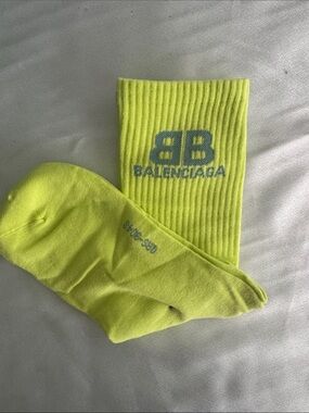 New! Balenciaga Neon Yellow Logo Ribbed Crew Socks